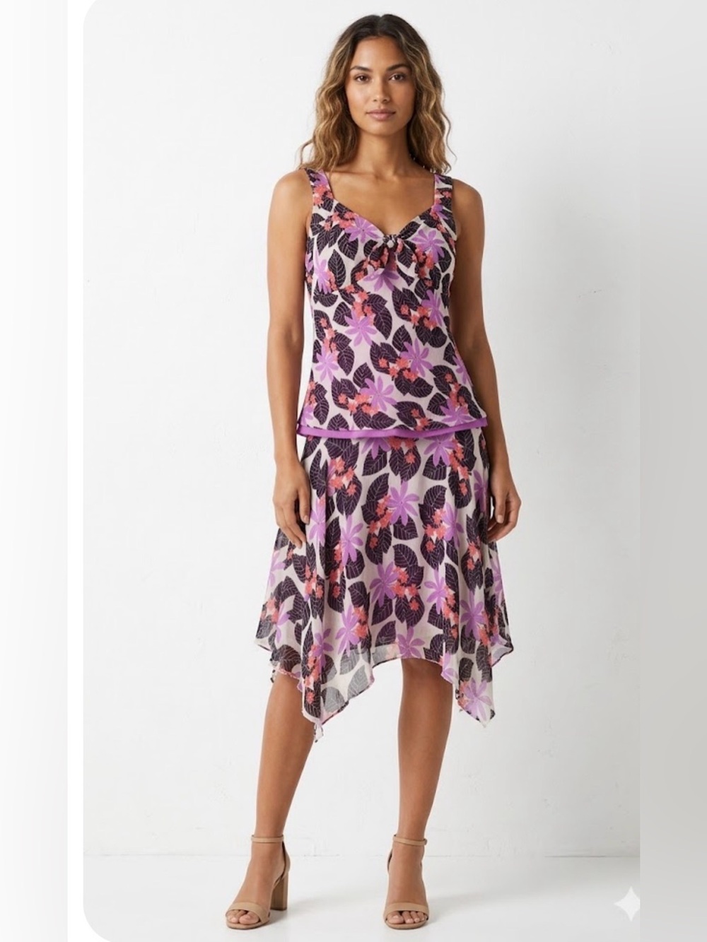 Alfani Women Floral Tank & Skirt Set in Purple, Black & Coral Silk Size 10/4
